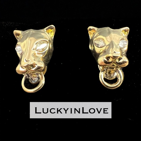 ALEXIS BITTAR • Gold Panther Head Crystal Eyed Post Stud Ring Earrings - Picture 1 of 12